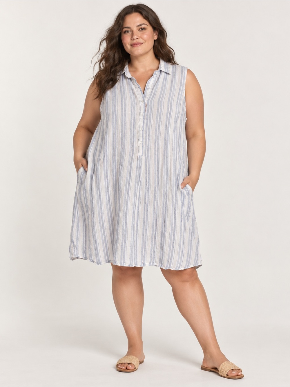 Sigrid Olsen 100% Linen Striped Sleeveless Shirt Dress Size 1X Blue White